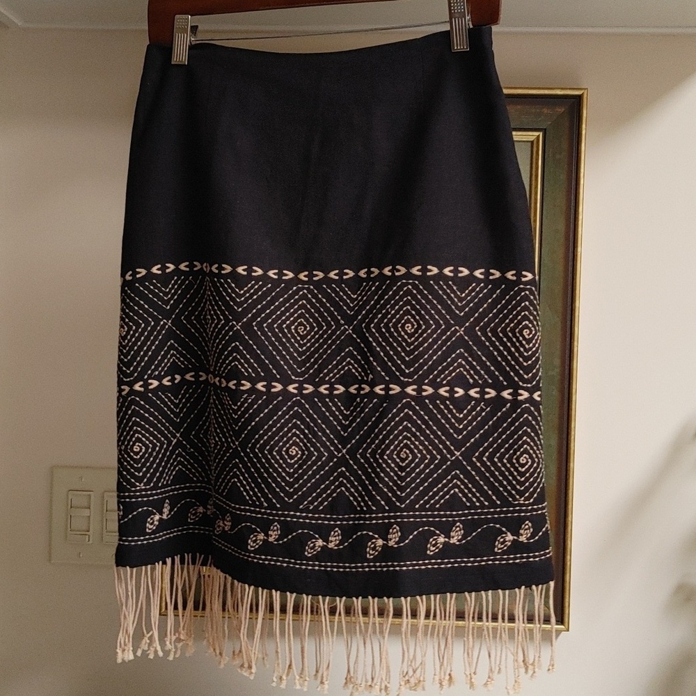 Vintage Richard Malcolm Linen Black with Tan Embroidery & Fringe Skirt 6P